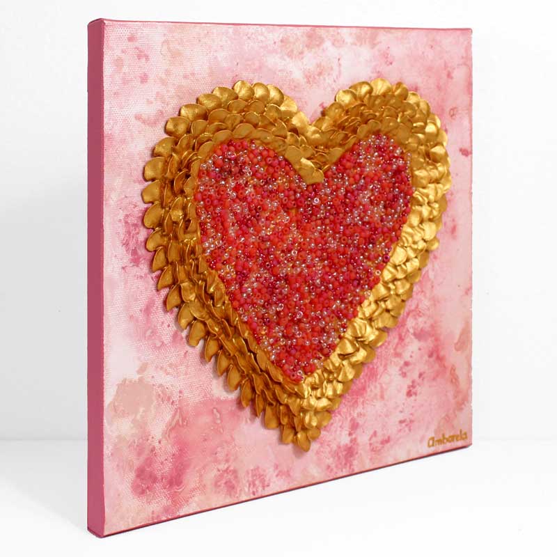 Sculpted Heart Painting on Canvas in Pink, Gold, Small
